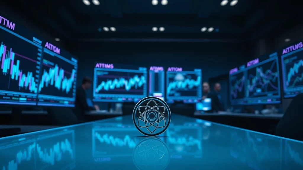 Cosmos ATOM token on a trading desk with blockchain price charts on monitors