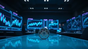 Cosmos ATOM token on a trading desk with blockchain price charts on monitors