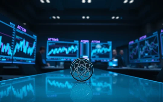Cosmos ATOM token on a trading desk with blockchain price charts on monitors