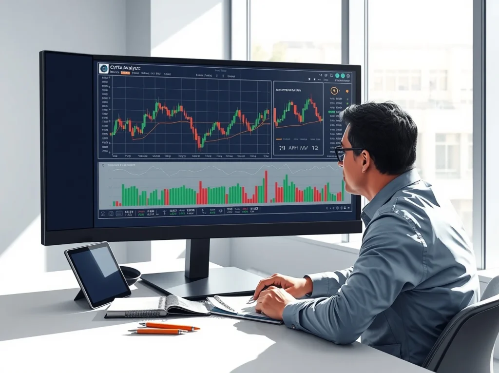 Analyst reviewing cryptocurrency price charts for CP Markets weekly watchlist and targets.