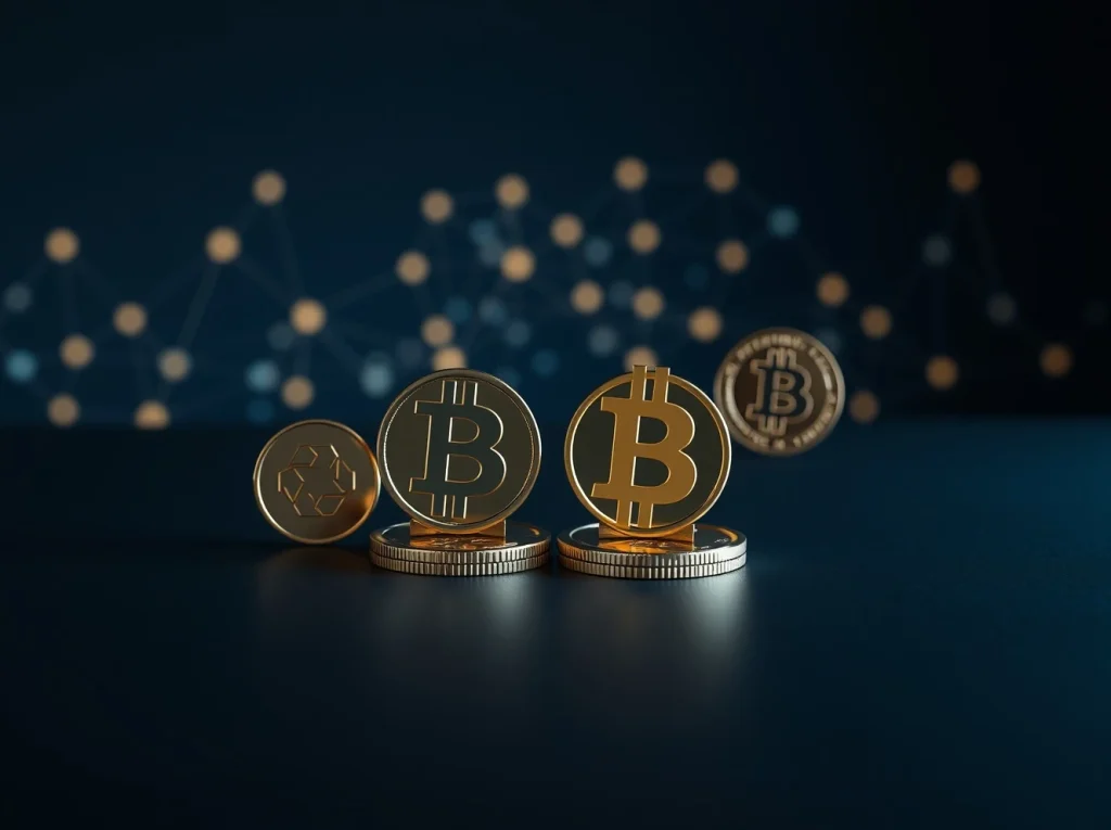 Four digital tokens representing BlockDAG, Chainlink, Sui, and Hedera on a dark background with network nodes