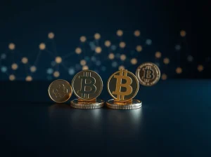 Four digital tokens representing BlockDAG, Chainlink, Sui, and Hedera on a dark background with network nodes