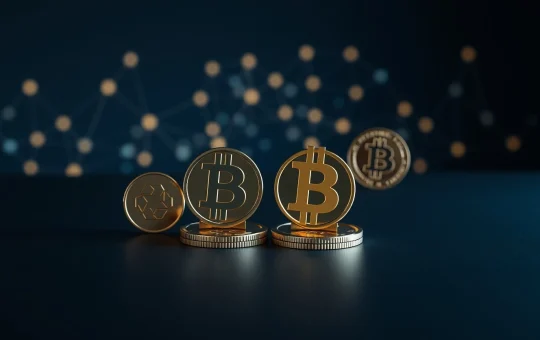 Four digital tokens representing BlockDAG, Chainlink, Sui, and Hedera on a dark background with network nodes