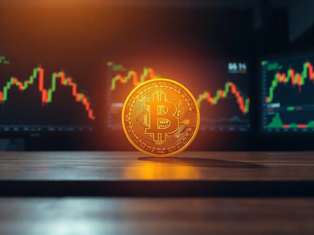 Bitcoin coin on desk with financial charts in background in a modern trading environment