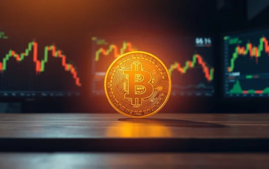Bitcoin coin on desk with financial charts in background in a modern trading environment