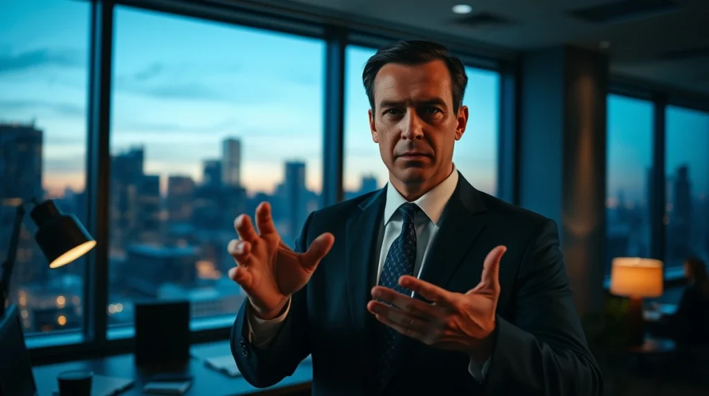 Crypto founder delivering a serious warning about Bitcoin in a modern office setting.