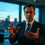 Crypto founder delivering a serious warning about Bitcoin in a modern office setting.