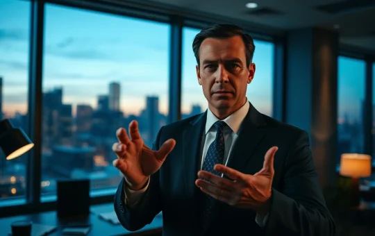 Crypto founder delivering a serious warning about Bitcoin in a modern office setting.