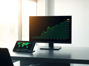 A trading desk monitor shows a sharp rise in Bitcoin value, representing record crypto fund inflows.