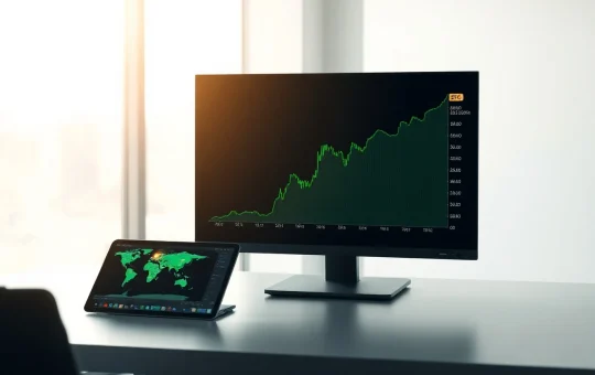 A trading desk monitor shows a sharp rise in Bitcoin value, representing record crypto fund inflows.