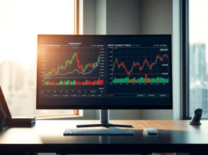 Analysis of crypto futures trading outpacing spot market activity by seven times on a professional trading desk monitor.