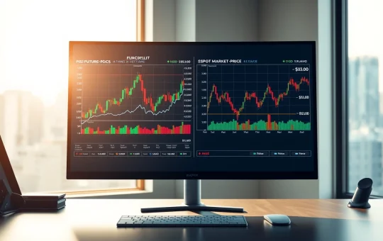 Analysis of crypto futures trading outpacing spot market activity by seven times on a professional trading desk monitor.
