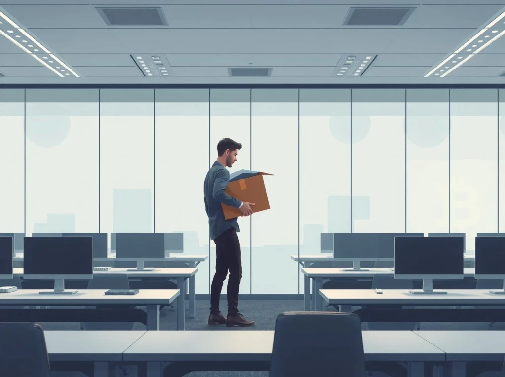 Crypto layoffs scene: an employee packing belongings in a modern office, symbolizing job cuts at Coinbase and other crypto firms in 2026.