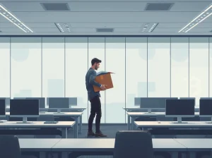 Crypto layoffs scene: an employee packing belongings in a modern office, symbolizing job cuts at Coinbase and other crypto firms in 2026.