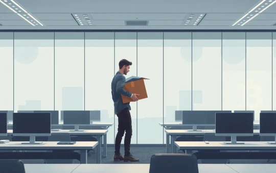 Crypto layoffs scene: an employee packing belongings in a modern office, symbolizing job cuts at Coinbase and other crypto firms in 2026.