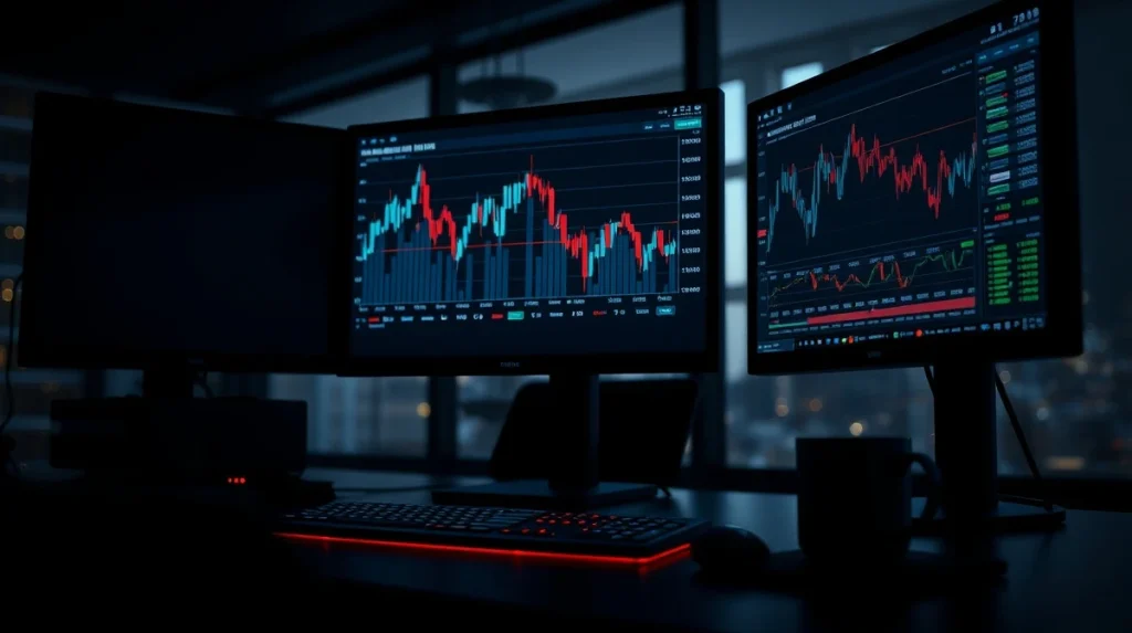 Trading desk with monitors showing declining crypto price charts and leverage data