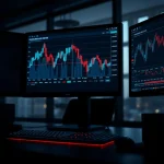 Trading desk with monitors showing declining crypto price charts and leverage data