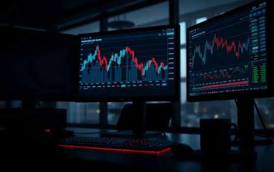 Trading desk with monitors showing declining crypto price charts and leverage data
