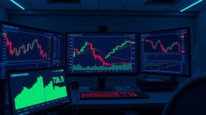Crypto trading dashboard showing TOTALES chart with long warning signals and stablecoin dominance indicator