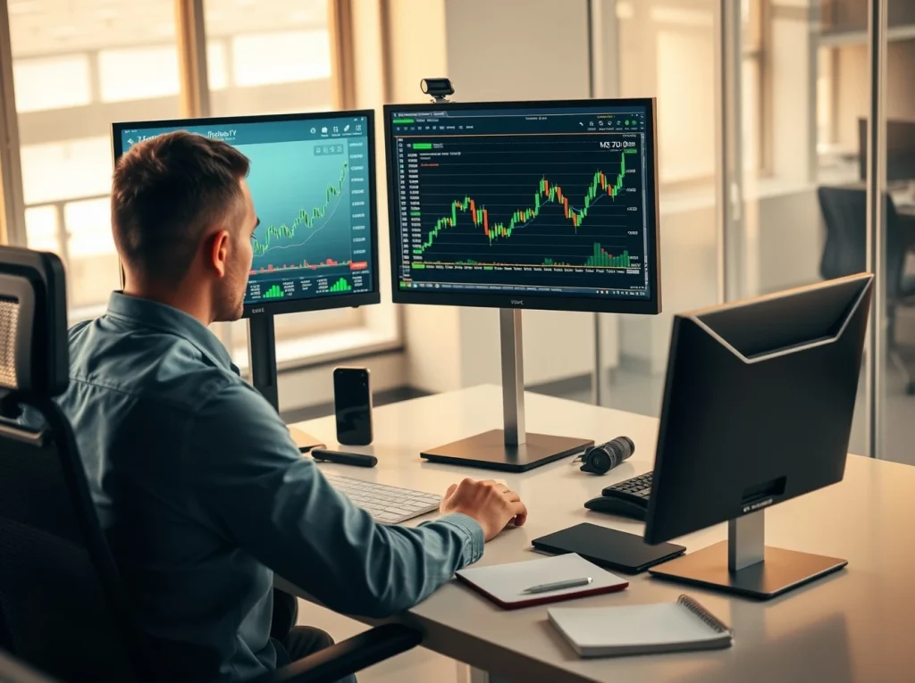 Professional crypto trader analyzing risk management charts on dual monitors in a modern office