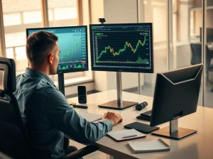 Professional crypto trader analyzing risk management charts on dual monitors in a modern office