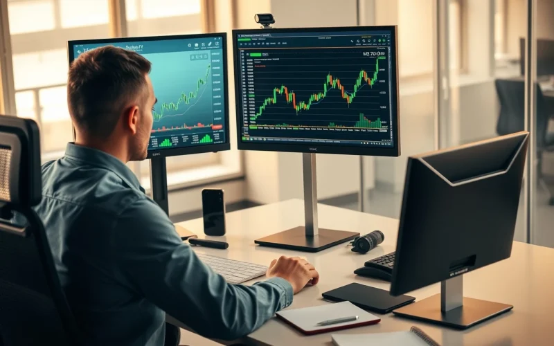 Professional crypto trader analyzing risk management charts on dual monitors in a modern office