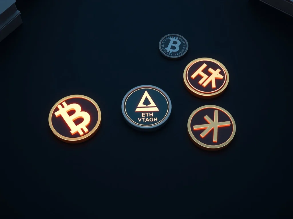 Analysis of five cryptocurrency symbols including BlockDAG and Ethereum on a financial desk.