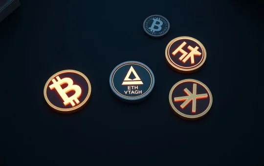 Analysis of five cryptocurrency symbols including BlockDAG and Ethereum on a financial desk.