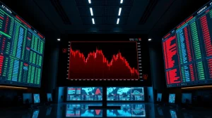 Crypto trading floor with red declining charts showing bearish market sentiment