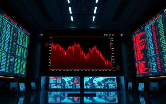 Crypto trading floor with red declining charts showing bearish market sentiment