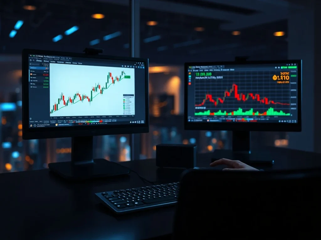 Crypto trading desk with monitors showing CryptoNewsInsights and Bitcoin charts, indicating network growth comparison