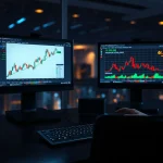 Crypto trading desk with monitors showing CryptoNewsInsights and Bitcoin charts, indicating network growth comparison
