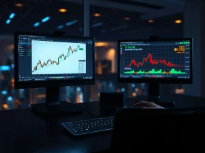 Crypto trading desk with monitors showing CryptoNewsInsights and Bitcoin charts, indicating network growth comparison