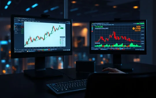 Crypto trading desk with monitors showing CryptoNewsInsights and Bitcoin charts, indicating network growth comparison