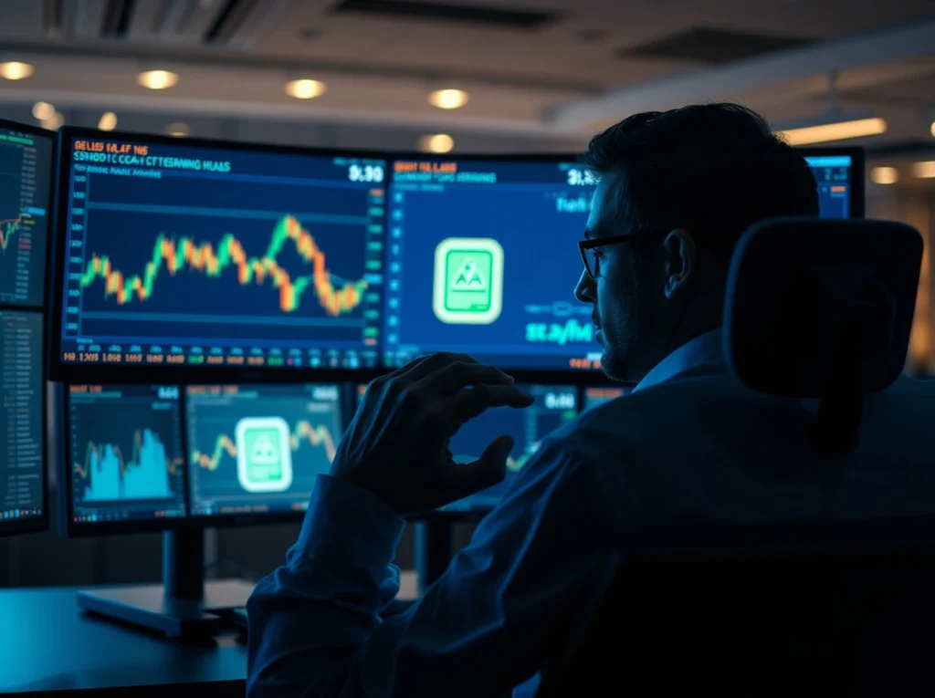 Trader monitoring cryptocurrency charts on multiple screens in a dimly lit office