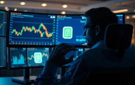 Trader monitoring cryptocurrency charts on multiple screens in a dimly lit office