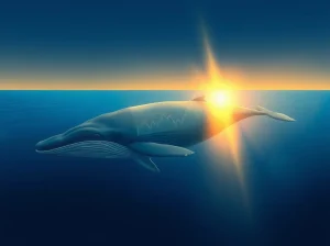 A humpback whale swimming in sunlit ocean water, representing whale accumulation in cryptocurrency markets.