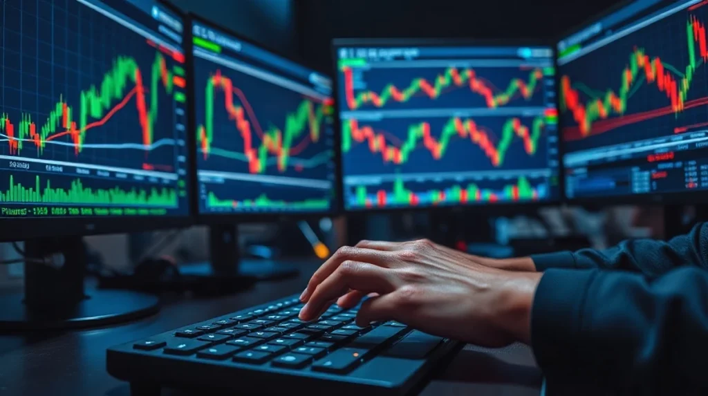 Trader analyzing cryptocurrency futures charts on multiple monitors in a dimly lit trading environment.
