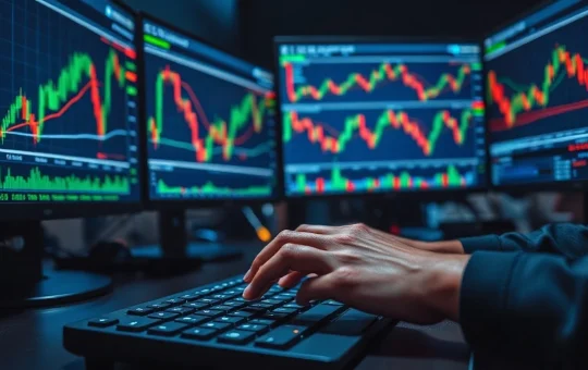Trader analyzing cryptocurrency futures charts on multiple monitors in a dimly lit trading environment.