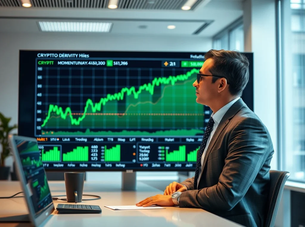 Analyst reviewing positive crypto derivatives momentum data on a large display in a modern newsroom.