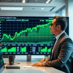 Analyst reviewing positive crypto derivatives momentum data on a large display in a modern newsroom.