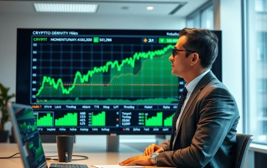 Analyst reviewing positive crypto derivatives momentum data on a large display in a modern newsroom.