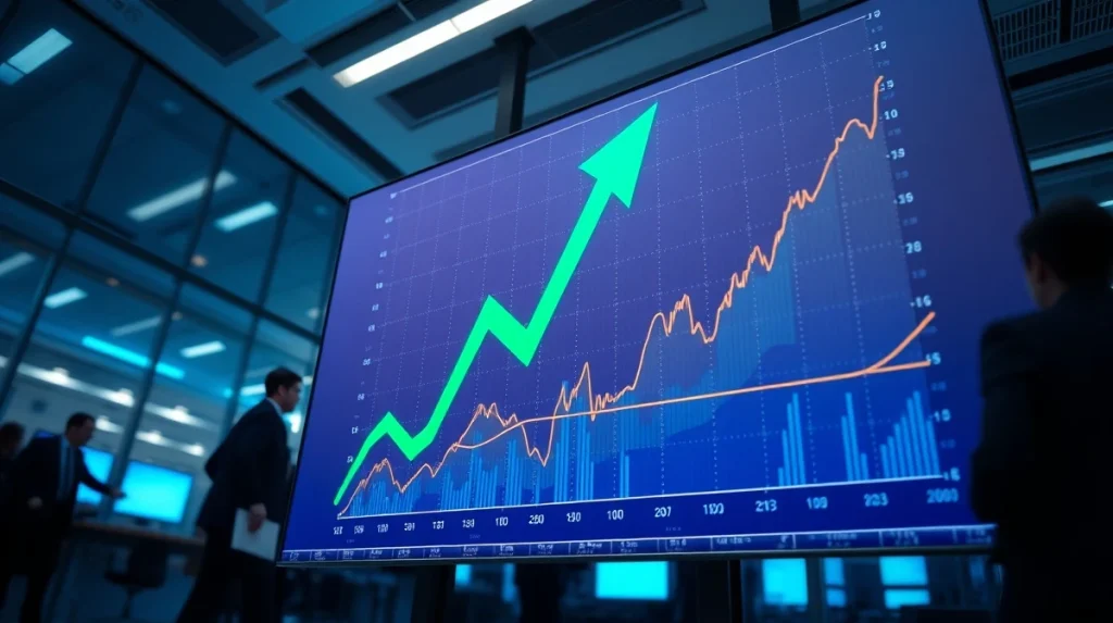 CryptoNewsInsights market analysis showing a Bitcoin price chart with a green rally arrow on a trading floor display.