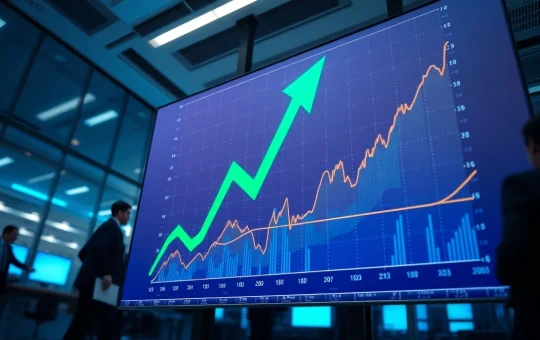CryptoNewsInsights market analysis showing a Bitcoin price chart with a green rally arrow on a trading floor display.