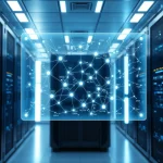 Futuristic server room with holographic blockchain network map showing high transaction throughput.