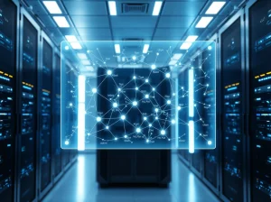 Futuristic server room with holographic blockchain network map showing high transaction throughput.