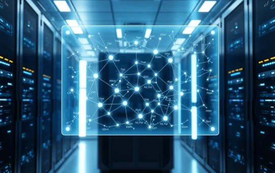 Futuristic server room with holographic blockchain network map showing high transaction throughput.