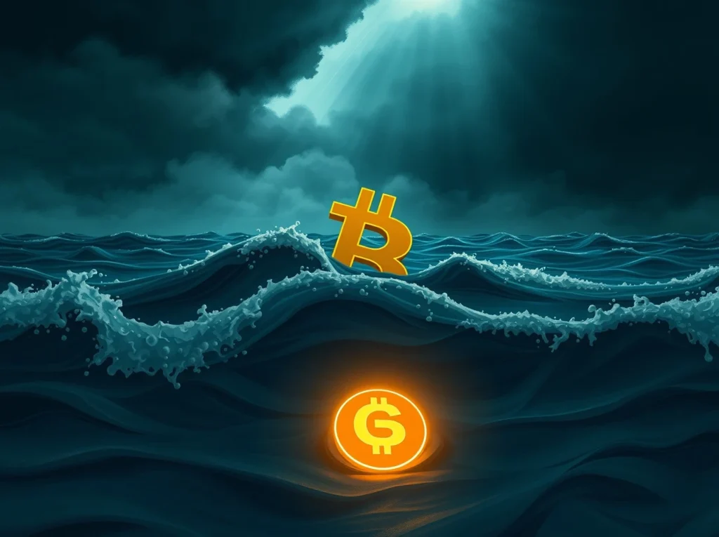 CryptoNewsInsights and Bitcoin symbols in a stormy sea, representing market fear and potential recovery in the crypto market.