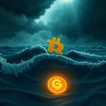 CryptoNewsInsights and Bitcoin symbols in a stormy sea, representing market fear and potential recovery in the crypto market.