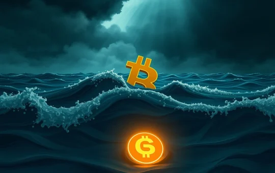 CryptoNewsInsights and Bitcoin symbols in a stormy sea, representing market fear and potential recovery in the crypto market.